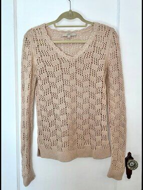 Cotton LOFT Open Lace Knit Sweater Tan Sand Small Coverup Coastal Grandma